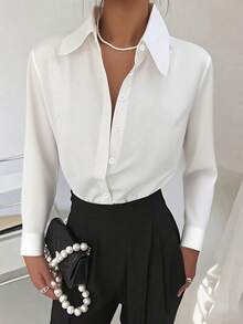 Áo sơ mi nữ cỡ lớn màu trắng tay dài có cổ, dáng suông, thích hợp cho kỳ nghỉ xuân. - trắng - Xem 2