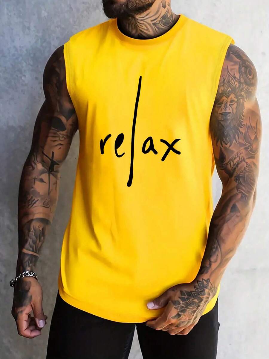 男士休闲字母印花无袖背心，春夏 - 黃色 - 查看 1