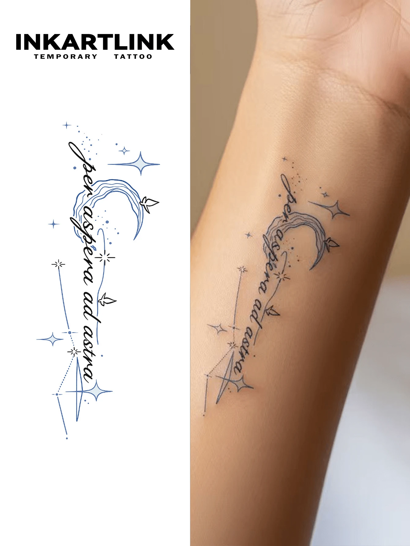 INKARTLINK INKARTINK 蓝色线条绘制星月图案手工艺术文字纹身贴纸，防水持久2-5天，彩色水转印临时纹身贴纸，小众设计装饰