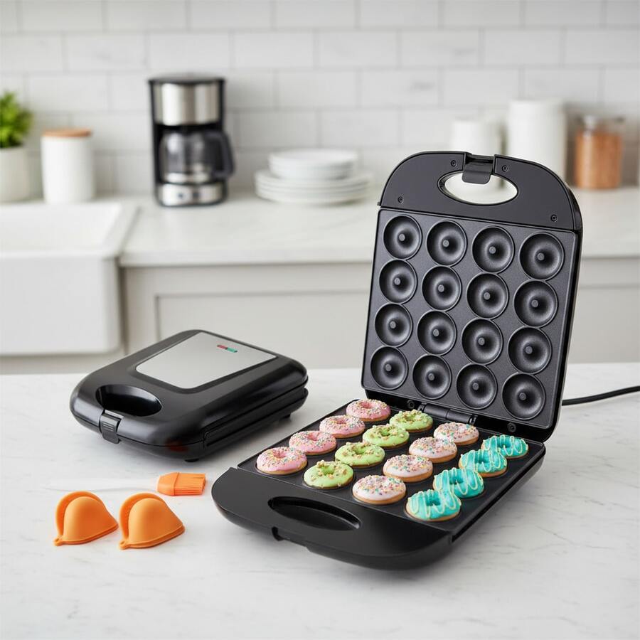Mini Donut Make, 16-Hole Electric Doughnut & Pancake Machine With Non-Stick Surface, Includes Mini Oven Gloves & Brush - Xem 1