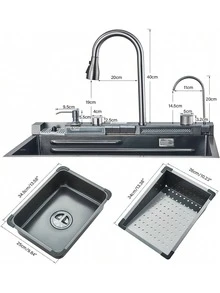 Fregadero de cocina Fregadero de cocina contemporáneo con caño en cascada Incluye grifo mezclador de triple función, grifo de agua filtrada, pantalla LED, dispensador de jabón, lavavajillas y controles tipo piano. Satisface todas las necesidades del hogar. Un fregadero de cocina contemporáneo esencial, que combina a la perfección la funcionalidad práctica con un diseño elegante. (80 cm x 45 cm x 21 cm) - 80*46*21 cm - Ver 12