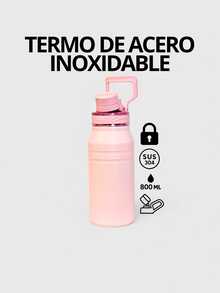 Botella Térmica PYA-8 de 800ml con Asa Integrada, Tapa Hermética Antiderrame y Conservación de Frío y Calor por 12 Horas, Disponible en 10 Colores para Hombres y Mujeres, Ideal para Gym, Oficina, Escuela y Uso Diario - Rosa - Ver 1