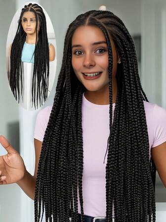 A ANYTIME 34英寸全蕾丝编织假发，女士盒式辫假发，带婴儿发，手工混合三角无结编织假发，自然黑色全蕾丝编织假发