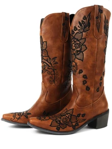 Womens Western Cowboy Boots Mid-Heel Embroidered Square Toe Mid-Tube Rider Boots Outdoor Hiking Boots - Brown - View 2
