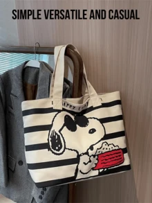 Versatile Casual Tote Bag, White Base With Black Stripes, Cute Cartoon Print, Canvas Material, Large Capacity, Portable Design, Suitable For Daily Use, Leisure, Shopping, Commuting, Cartoon Enthusiasts, Young Women, Students, Office Workers, Also A Thoughtful Gift For Friends/Loved Ones - Black - View 5