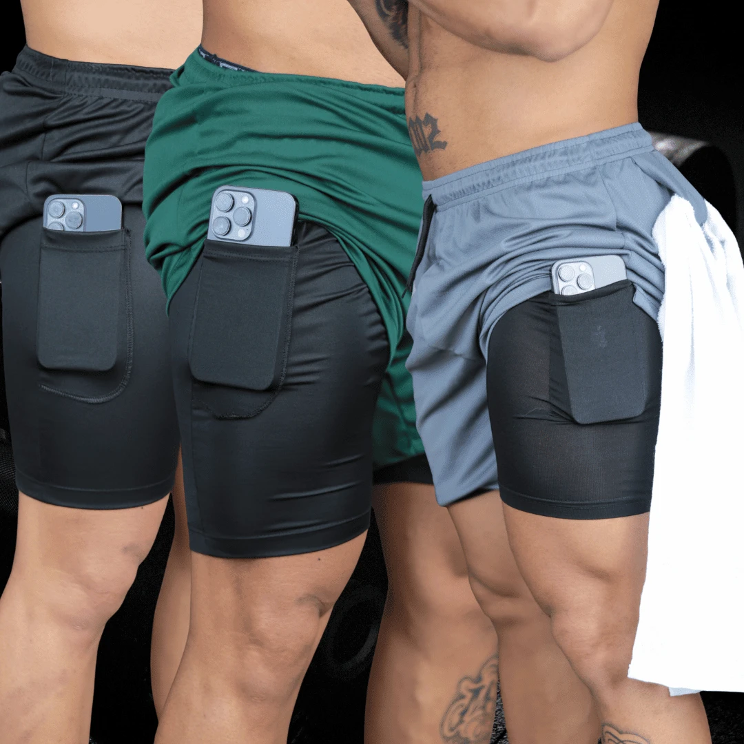 Set Of 3 Men's 2-In-1 Summer Shorts, Loose Fit, Drawstring - negro, verde y gris - Ver 1