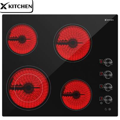 IsEasy Electric Cooktop 24 Inch Ceramic Stove - 4 Burners Built-In 220-240V Black Cooktop, Control By Knob, Child Lock, 9 Power Levels, Timer