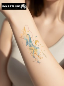 Tatuaje temporal de ballena fantasía naranja y azul de INKARTINK, resistente al agua y de larga duración de 2 a 5 días, pegatina de tatuaje de transferencia de agua colorida, tatuaje falso realista, decoración de diseño exclusivo - Multicolor - Ver 3