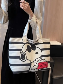 Versatile Casual Tote Bag, White Base With Black Stripes, Cute Cartoon Print, Canvas Material, Large Capacity, Portable Design, Suitable For Daily Use, Leisure, Shopping, Commuting, Cartoon Enthusiasts, Young Women, Students, Office Workers, Also A Thoughtful Gift For Friends/Loved Ones - Black - View 3