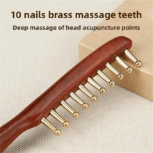 1Pc Head Meridians Massage Comb Copper Wood Meridians Comb Needling Guasha Scalp Relax Tools - Redwood - View 3