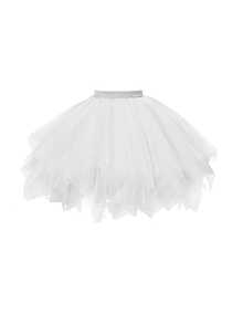 Saia de tule assimétrica branca/preta feminina (1 peça), estilo princesa, com várias camadas, sem barbatanas, ideal para festivais, palco, banquetes, apresentações, cosplay e eventos diurnos. - saia de gaze pequena - Ver 8