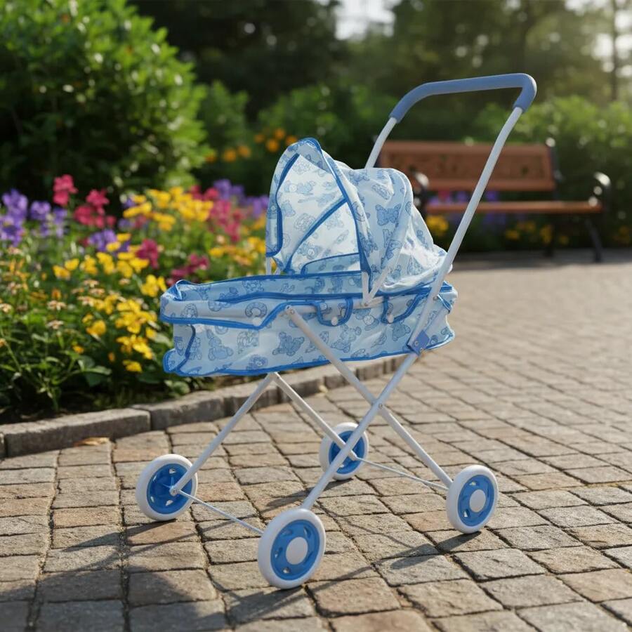 Este cochecito de juguete está hecho de metal y tiene capacidad para una muñeca. Es un regalo perfecto de Navidad, cumpleaños y Año Nuevo para niñas.