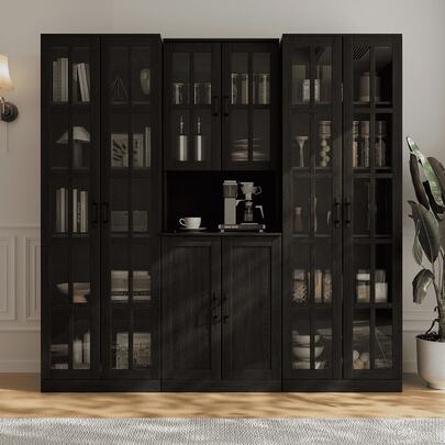 VOWNER Book Shelves Set Of 3, 5-Tier Bookcases With Glass Doors & Drawers, Modular Furniture Bookshelves With Metal Handle For Living Room, Bedroom, Home Office, Black