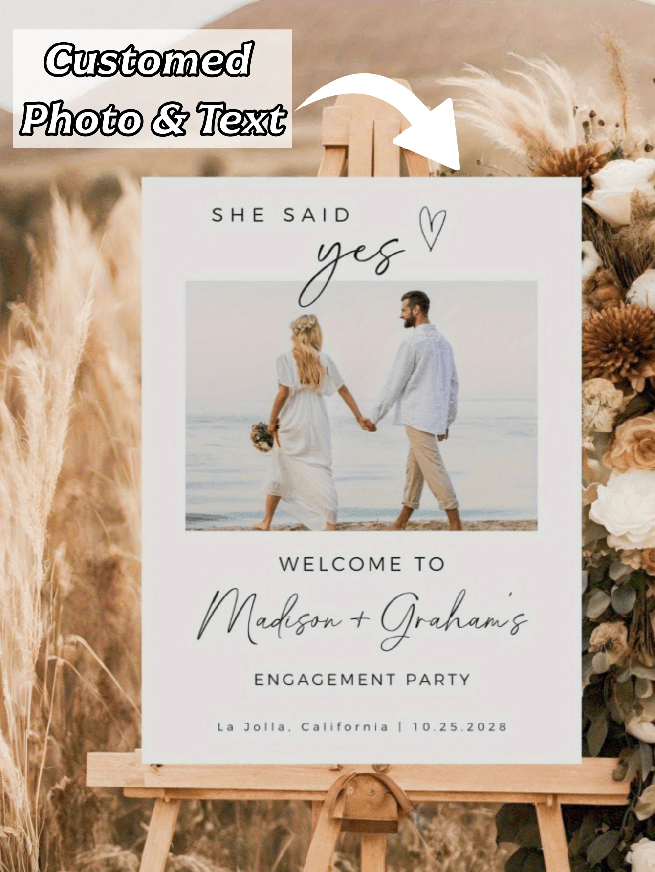 Cartel de bienvenida personalizado para compromiso - "Ella dijo que sí", estilo minimalista moderno, plantilla editable, marco de madera, adecuado para decoración de pared del hogar y fiesta, tema de amor rústico y elegante, decoración de boda, perfecto para la habitación - Multicolor - Ver 1