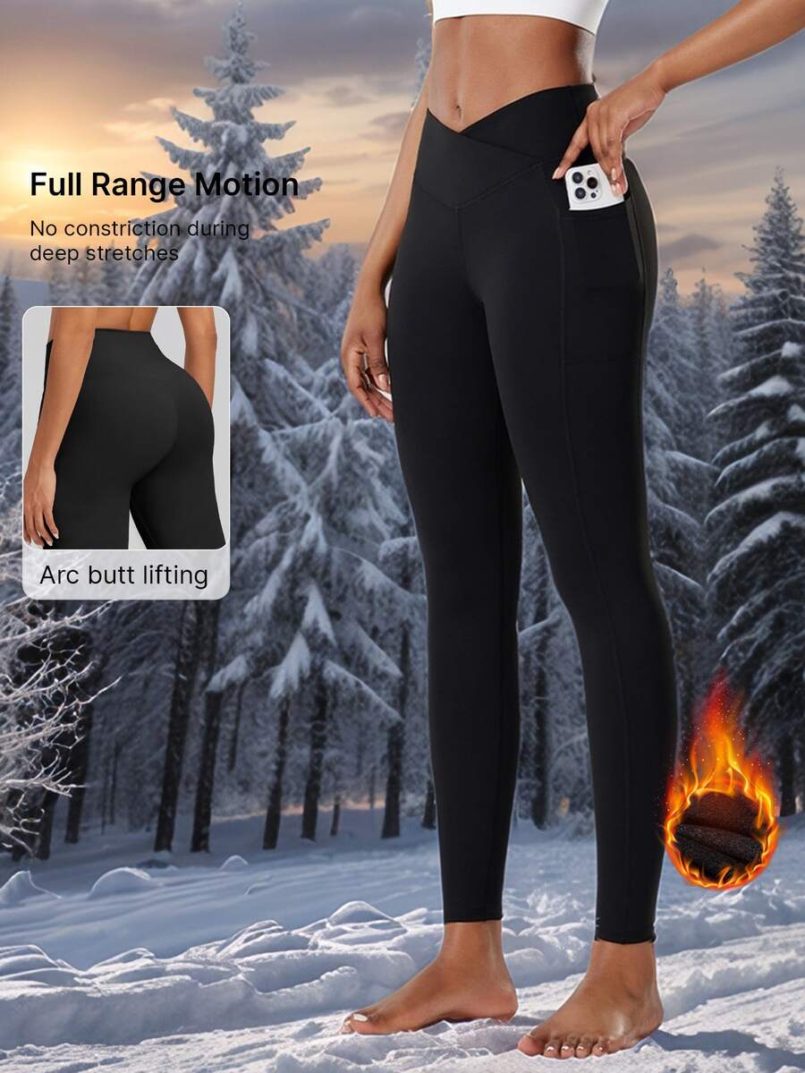 1pc Women's High Waist Butt Lifting Thermal Lined Leggings, Autumn/Winter Pants, Yoga Pants, Fitness Wear, Dance Wear, With Criss-Cross Waist And Pockets, Stretchy, Comfortable, Breathable, Moisture-Wicking, Suitable For Gym Workout, Running, Jogging, Outdoor Sports, Cycling, Yoga, Pilates, Dance, Ballet - Black - View 1
