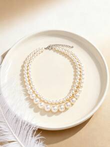 2 Peças Colar de Contas de Pérolas Falsas Multicamadas, Design Elegante Exagerado Adequado para Uso Diário e Festas de Mulheres, Pode Ser Usado como Presente de Aniversário, Feriado, Natal, Ano Novo - Branco - Visão 2