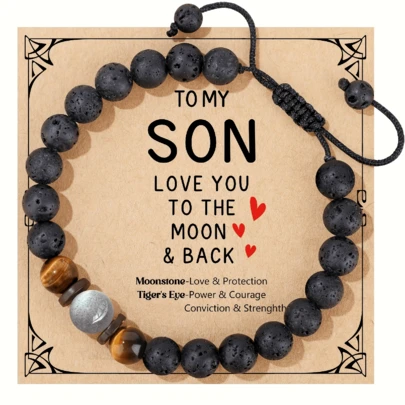 精美月光石串珠手链，男女皆宜，弹性串珠设计，是父亲节、情人节、复活节、毕业季和开学季的完美礼物。也是送给儿子或孙子的绝佳毕业礼物。