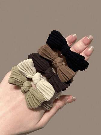 5pcs Coffee Color Bow Scrunchies, Casual Minimalist Daily Hair Accessories, Suitable For Women, Autumn, Travel, Hair Styling Tools, Women's Accessories, Hair Care Products