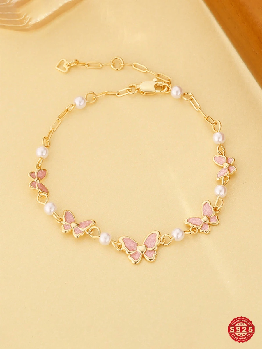 1条S925纯银粉色珐琅镀金蝴蝶珍珠手链，优雅奢华，适合派对、送礼、婚礼、日常佩戴，配有精美礼盒，是生日、圣诞节、母亲节的理想之选。
