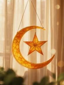 1pc Gold Acrylic Printed Lantern Decor Hanging Ornament, Moon & Star Hanging Decor, Acrylic Crescent Moon & Star Decor, Holiday Decoration, Islamic Style Home Decor, Boho Style Wall Hanging, Suitable For Living Room, Bedroom, Office, Gift (Please Remove The Protective Film Before Use, Material Is Acrylic, Not Glass) - Multicolor - View 12
