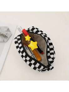 1PC Large Capacity Checkerboard Knitted Pencil Case - Korean Style Dual-Use Stationery/Makeup Bag (Black/Blue/Pink) - Multicolor - View 12