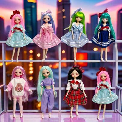 11.81 Inch New Ultra-Thin Cartoon 3D Animation Face Dreamy Eye 26 Cute Flat Doll Toy, Flexible Joints, Fashion Girl OB11 Doll BJD Doll Lover, Kawaii Cake Model Baking, Birthday New Year Christmas Gift