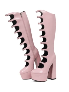 Women's Knee High Boots Patent Leather Platform Round Toe Chunky Block Heeled Boots Lolita Y2K Gothic Buckle Waterproof Platform Cool Boots With Side Zipper For Halloween Christmas - 粉色 - 查看 3