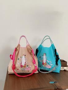 女士时尚单肩包，米色日式刺绣芭蕾舞鞋图案大容量手提包，轻便可折叠购物袋，适合通勤、旅行、购物、约会，大容量手提包，女士包包，惊喜礼物 - 彩色 - 查看 6