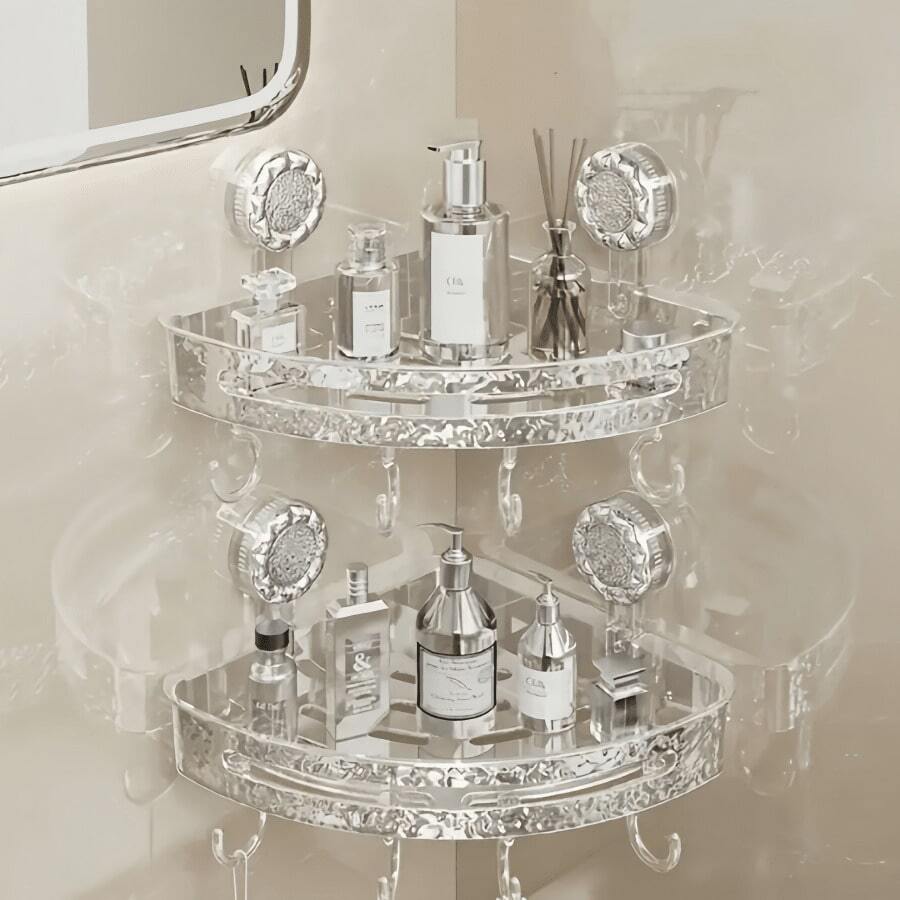 1/2pcs Transparent PET Material Bathroom Storage Rack, Built-In Suction Cup. Waterproof, Bottom 4 Hooks With Strong Suction, Bathroom Organizer Shelf, Convenient For Storage And Organization, Suitable For Bathroom, Shower Room And Other Purposes, Bathroom Accessory, Increase Bathroom Cabinet Storage Space, Excellent Bathroom Fixture, Storage Rack, Bathroom Decor, Bathroom Shelf, Essential Bathroom Item