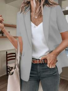 Womens Casual Short Sleeve Blazer Lapel Open Front Work Office Jacket - Xám - Xem 2