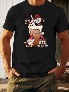 Men'S Black & White Santa Claus & Reindeer Print T-Shirt - Soft Breathable Round Neck Short Sleeve Casual Streetwear Tee With Santa Hat & Reindeer Design - Black - View 2