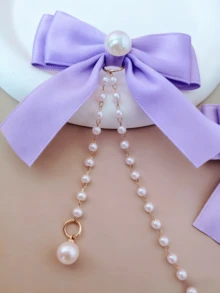 1个珍珠链蝴蝶结发夹，可爱甜美小女孩公主流苏头饰，珍珠发夹（卡片仅供展示） - 紫色 - 查看 5