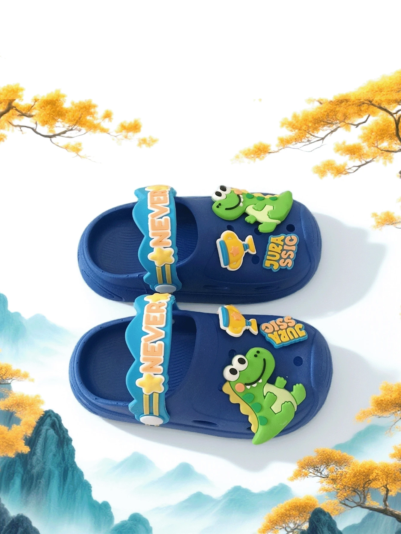 Toddler/Kids Summer Garden Clogs, Unisex Cartoon Dinosaur Thick Sole Slip-On Sandals, Non-Slip Soft Bottom Shoes For Boys & Girls Aged 1-8, Waterproof Round Toe Nursery Slippers - Blue - View 1