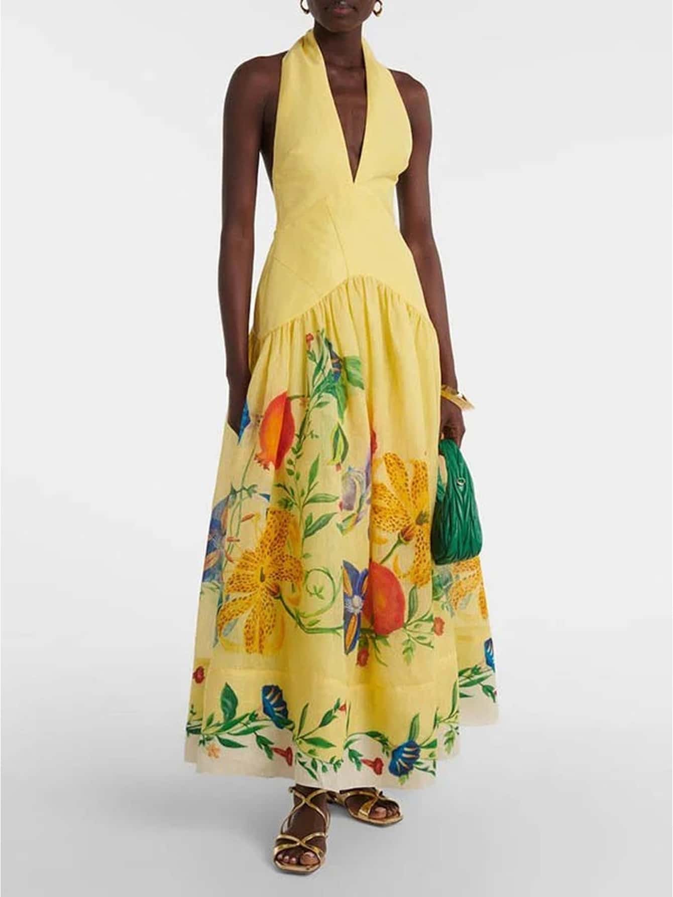 Slim, Romantic, Office, Soft, Basic, Feminine, Lightweight. Fall Winter. Casual, Work.  Halter Neck Floral Dress, Boho Style Maxi - Yellow - View 1