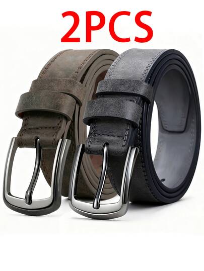 2条男士设计师休闲皮带，金属针扣 - 高品质仿皮时尚奢华皮带，适合日常及正式场合，百搭配饰 | 现代皮带设计 | 耐用皮带，理想礼品之选