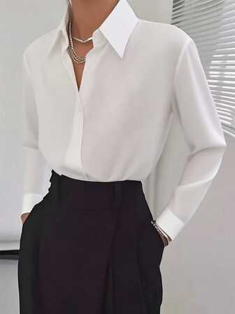 Plus size damblus med lång ärm och krage, vit, normal rak passform