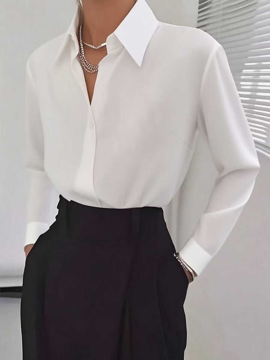 Áo sơ mi nữ cỡ lớn màu trắng tay dài có cổ, dáng suông, thích hợp cho kỳ nghỉ xuân. - trắng - Xem 1