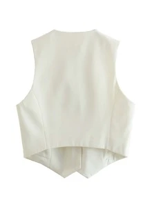 Áo vest nữ màu trắng cổ chữ V không tay, kiểu dáng ôm sát, cài cúc phía trước, phong cách đường phố thanh lịch, thường ngày. - trắng - Xem 6