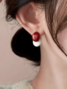 1 par de nuevos pendientes elegantes de dos tonos, diseño minimalista y de lujo adecuado para el uso diario de las mujeres, regalo - Rojo - Ver 4
