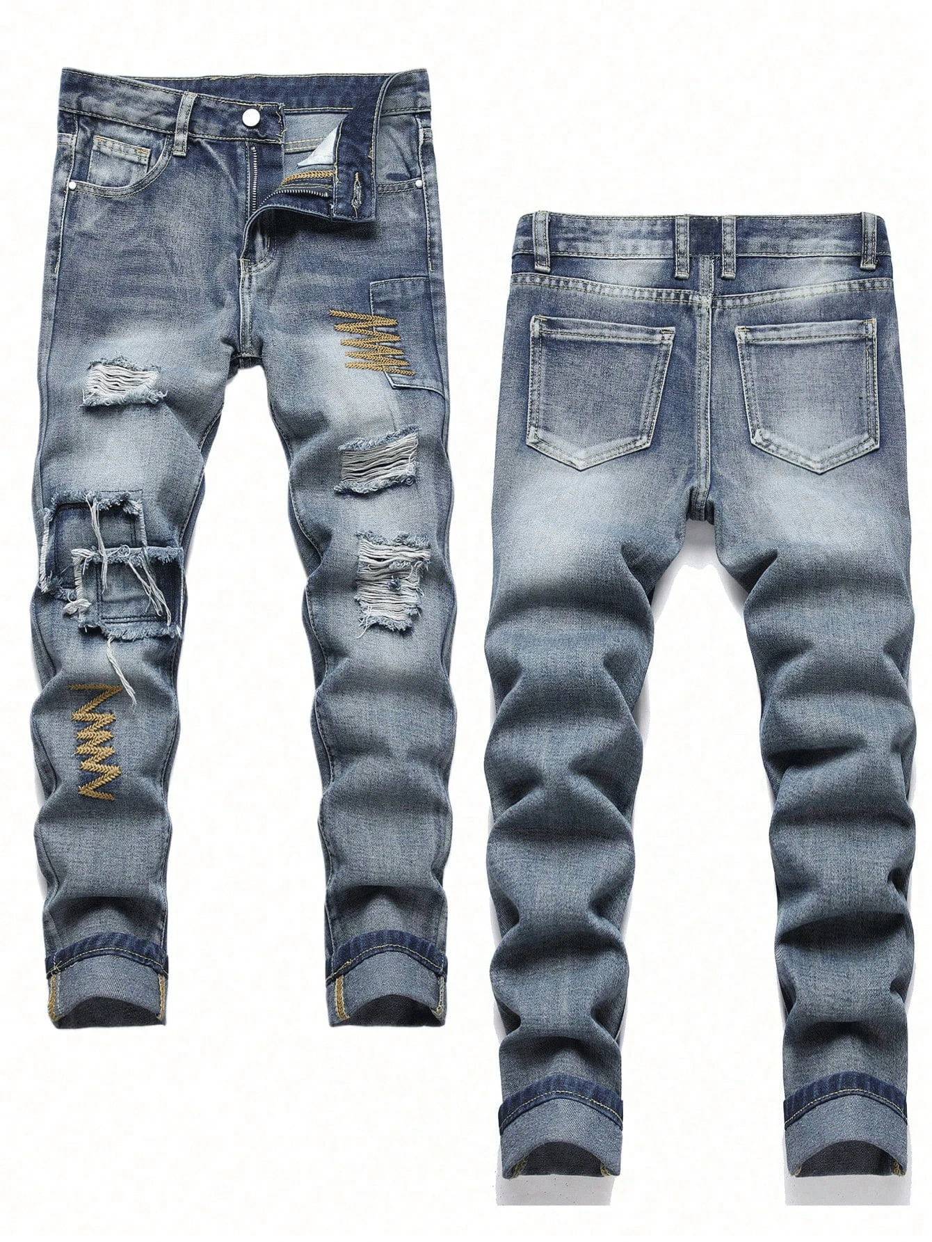 Tween Boy Embroidered Distressed Fashion Denim Jeans - Dusty Blue - View 1