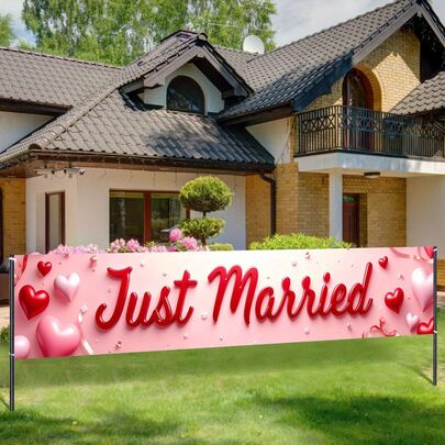 2D Fabric Outdoor Yard Fence Banner Sign Wedding Engagement Party Hanging Flag Background, With Red And Pink Heart "Just Married" Design, Suitable For Garden Decor, Indoor/Outdoor Event Party Supplies, Engagement Celebration, Heart Design, Celebration Background, Lightweight Material, Event Decor, Party Host, Bride Decor