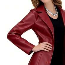 Icebanner Womens Faux  Leather Long Trench Coat Notched Lapel Single Breasted Casual Car Biker Motorcycle Style Jacket Long Coat Women - Đỏ - Xem 3