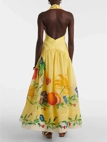 Slim, Romantic, Office, Soft, Basic, Feminine, Lightweight. Fall Winter. Casual, Work.  Halter Neck Floral Dress, Boho Style Maxi - Yellow - View 3