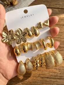 6/18pcs Gold Flower, Heart & Geometric Earring Set, Fashionable & Elegant, Suitable For Daily Wear, Parties And Events - Gold - View 2