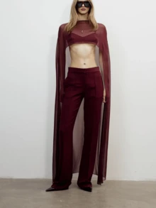 Cape For Women Sheer Mesh Shawl Wraps Asymmetrical Flowy Capelets For Evening Dress Crop Cover Up Poncho - Màu Đỏ Sâu - Xem 6