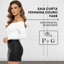 Saia Curta Feminina Couro Fake Pu Cintura Alta Hot Pants Acinturada Justa Zíper Frontal Festa Balada - Preto - Visão 2