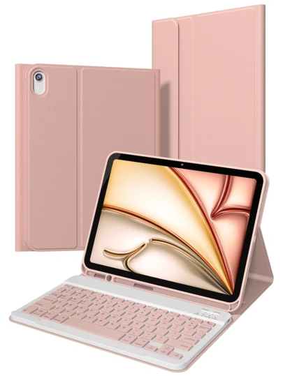 PU Leather Keyboard Case With Detachable Wireless Keyboard, 150mAh Battery, And Apple Pencil Holder, Compatible With IPad (A16) 11th/10th Gen, 7th/8th/9th Gen, IPad Air 4th/5th Gen (M2 2024/M3 2025), IPad Pro 11" (2018/2020/2021/2022), Pink