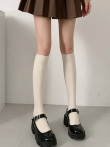 1/3双纯色针织过膝袜，简约学院风过膝袜，女士秋冬长袜 - 彩色 - 查看 9