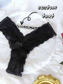 1-Piece Custom Crystal Letters Sexy Underwear Women's Low-Rise See-Through T Pants Pure Cotton Crotch Bottom Lace Underwear - Black - View 1