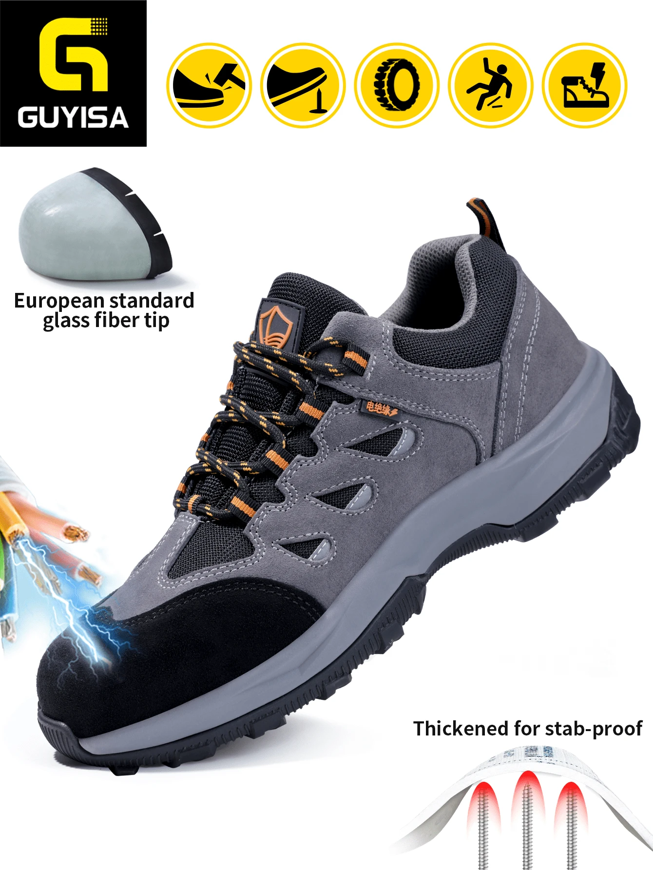 Lanoudun 专业保暖防滑安全鞋，欧盟标准玻璃纤维鞋头，轻便防压保暖，拼接时尚麂皮舒适柔软，坚固耐磨防滑外底，男士时尚灰色工作功能鞋 - 灰色 - 查看 1